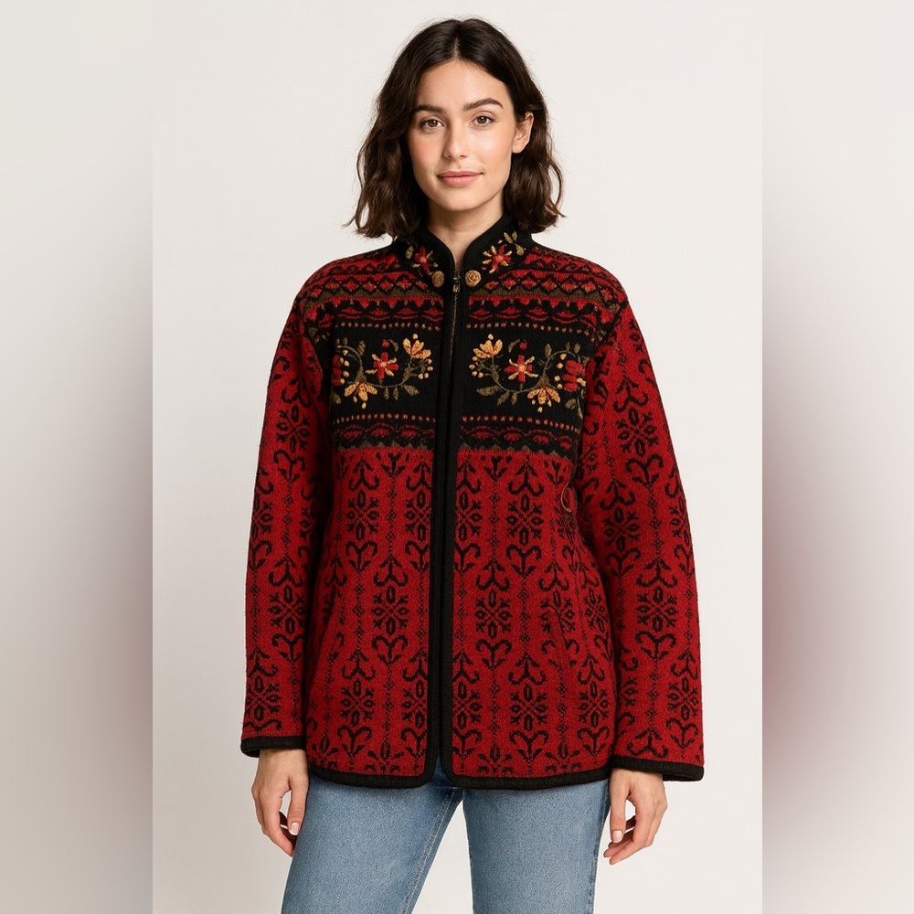 Icelandic Design Vintage Red & Black Shetland Wool Zip Front Sweater Sz. M